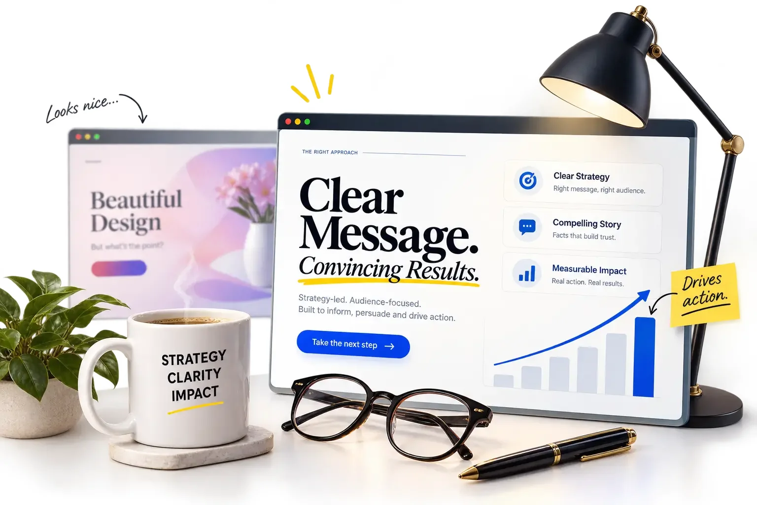 Editorial illustration contrasting a merely pretty design with a clear, strategy-led website that drives action.